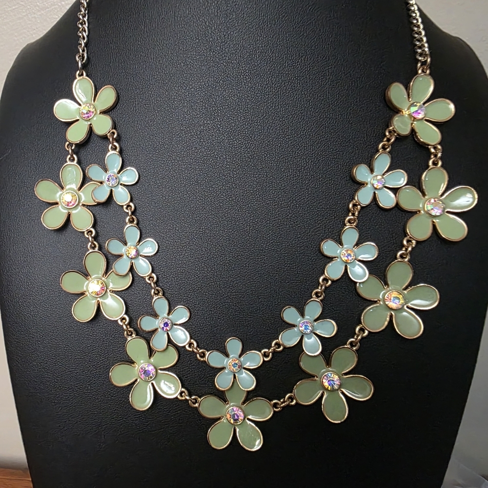 Floral Necklace with Gold Accents.  Green And Soft Blue Flowers.   Feminine.